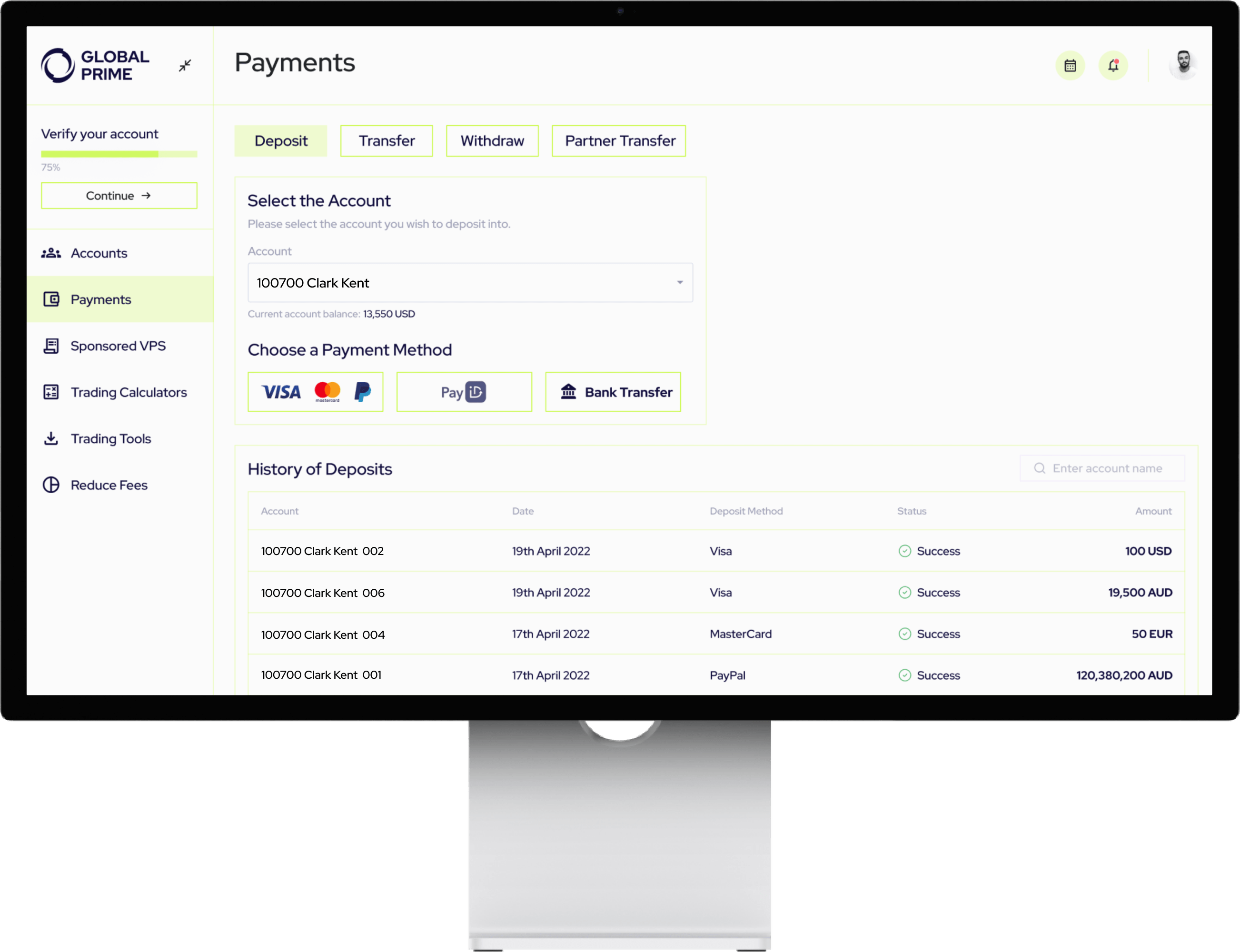 A desktop monitor showing a snippet of Global Prime's Payments deposit feature